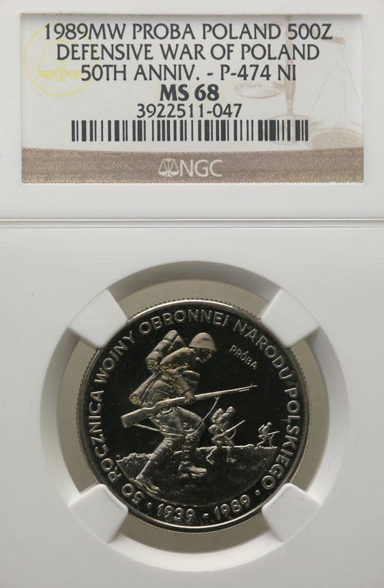 PRL. PRÓBA Nikiel 500 złotych 1989 Wojna Obronna NGC MS68